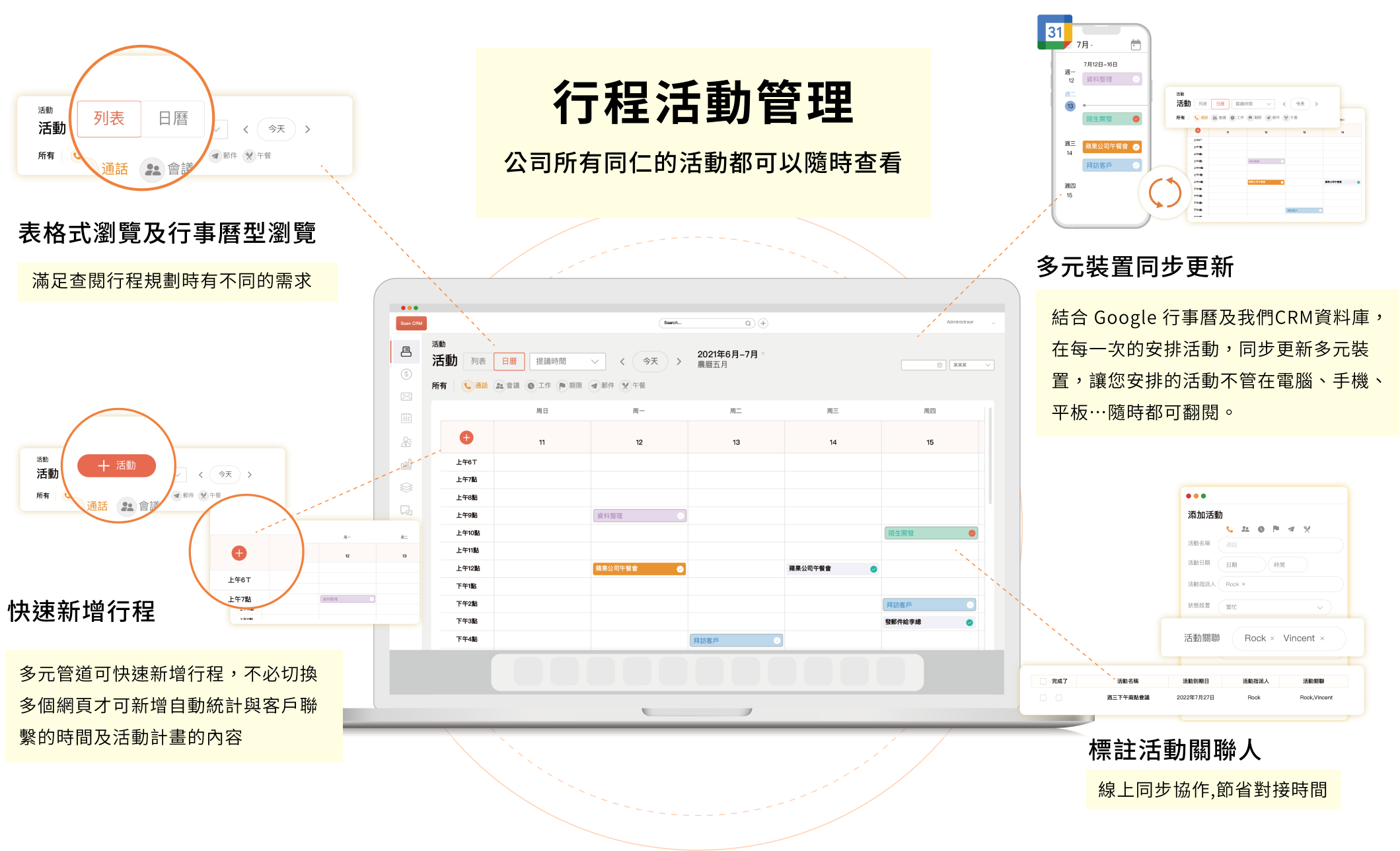 行程活動管理，公司所有同仁的活動都可以隨時查看，多元裝置同步更新，快速新增行程，標註活動關聯人，表格式瀏覽及行事曆型瀏覽